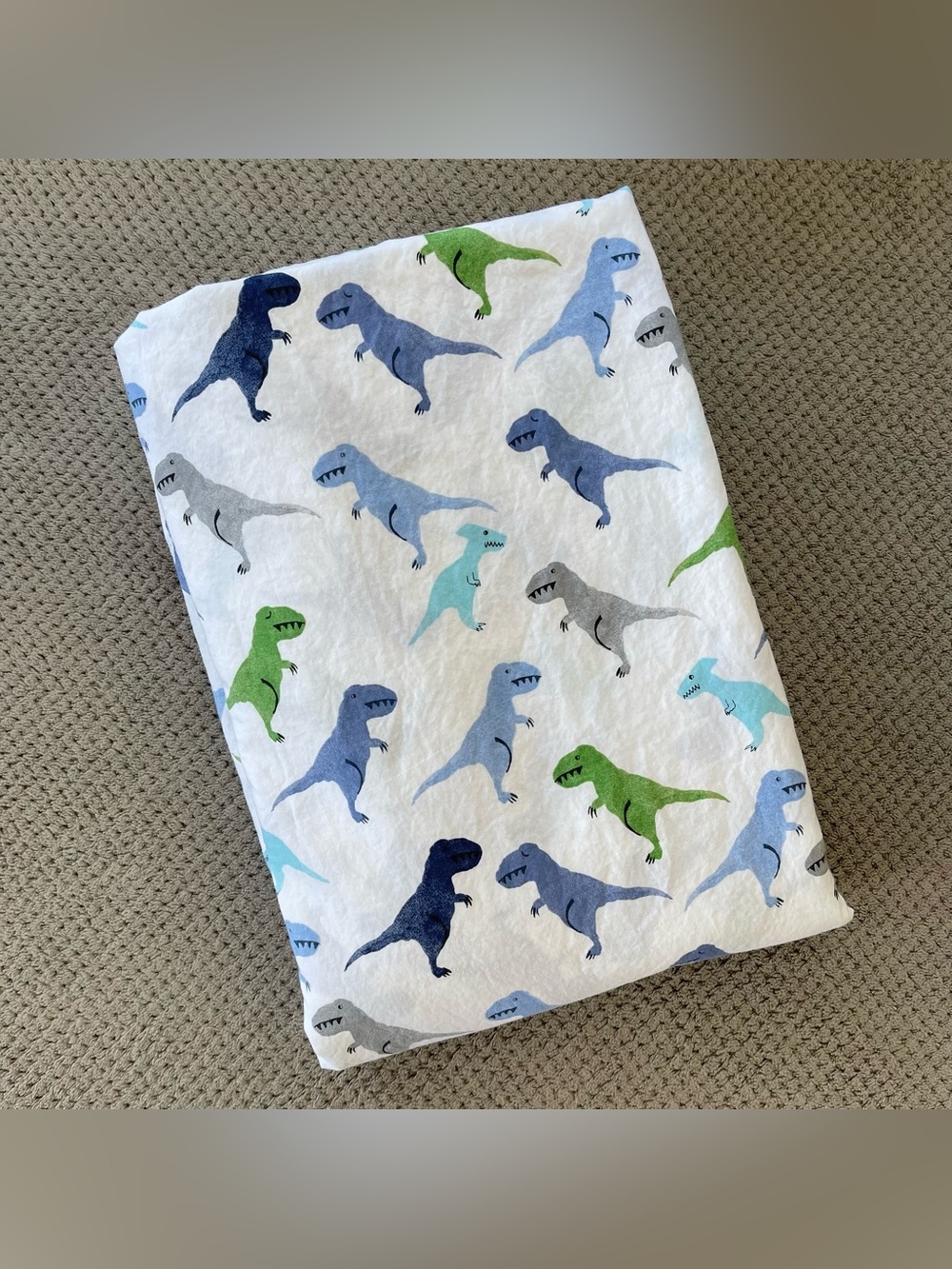 Pottery Barn Kids Warren Dinosaur TWIN FLAT Sheet Organic Cotton White Blue